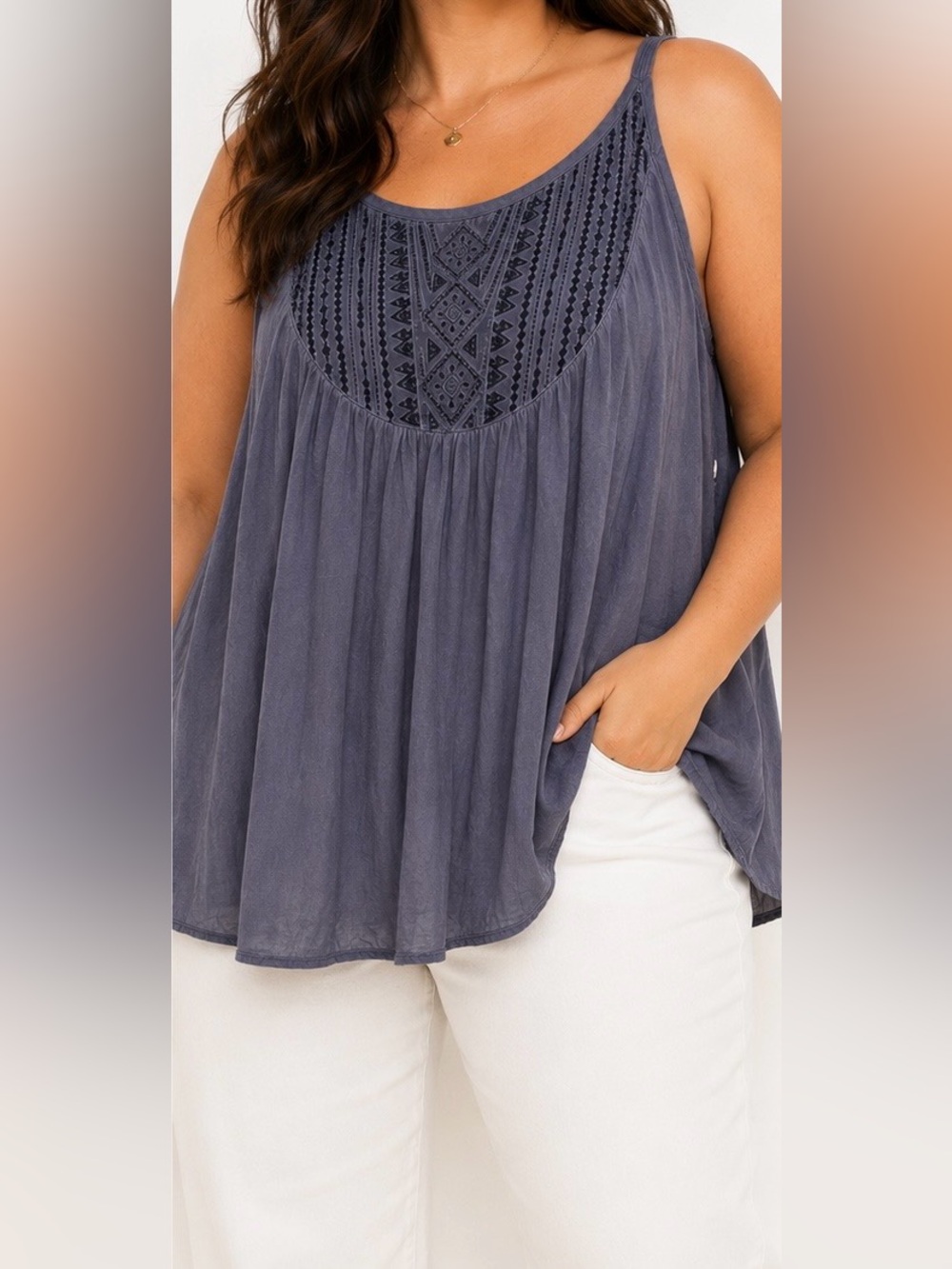torrid Slate Blue Sleeveless Embroidered Yoke Tank